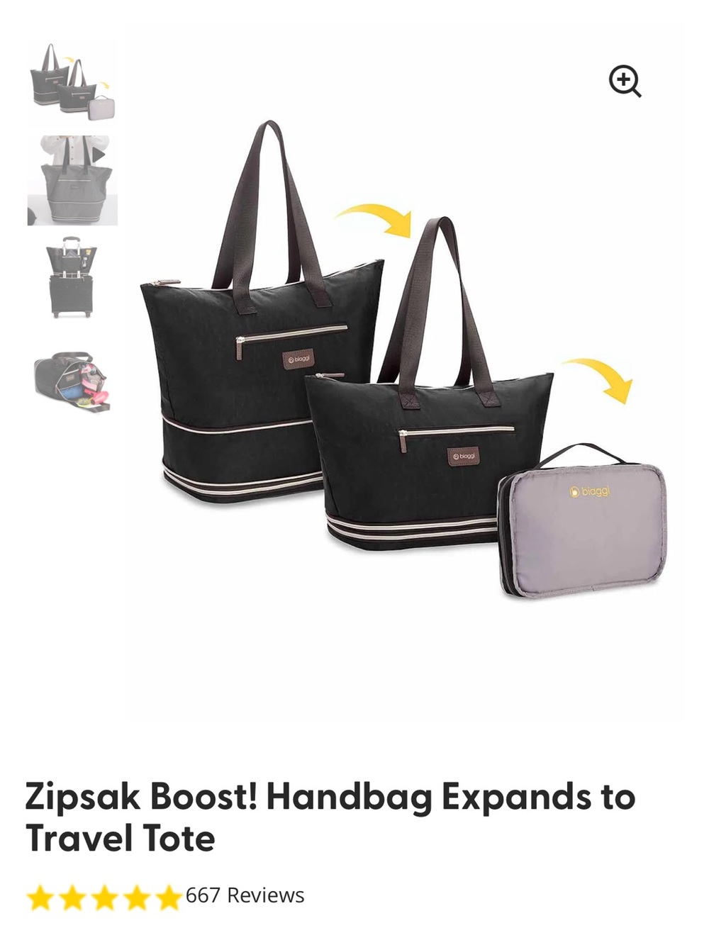 NWT Biaggi zipsak boost! tote - Black Folding & Expanding Tote - Picture 1 of 5